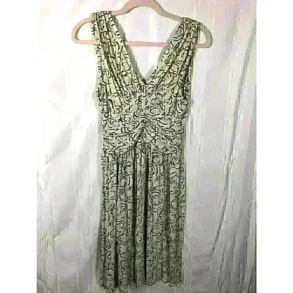 Deletta White Tan Women's Size M Floral Design Rouched Sleeveless Dress